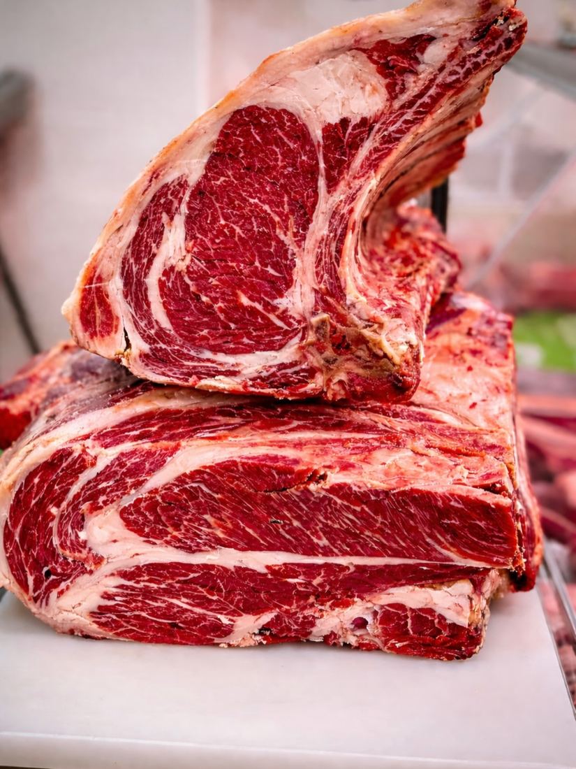 Primo piano di una costata frollata e della sua marezzatura