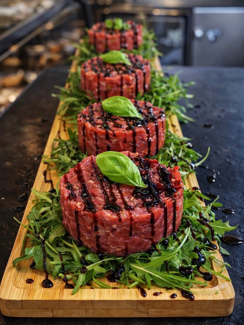 Torrette di tartare su rucola, servite sul tagliere